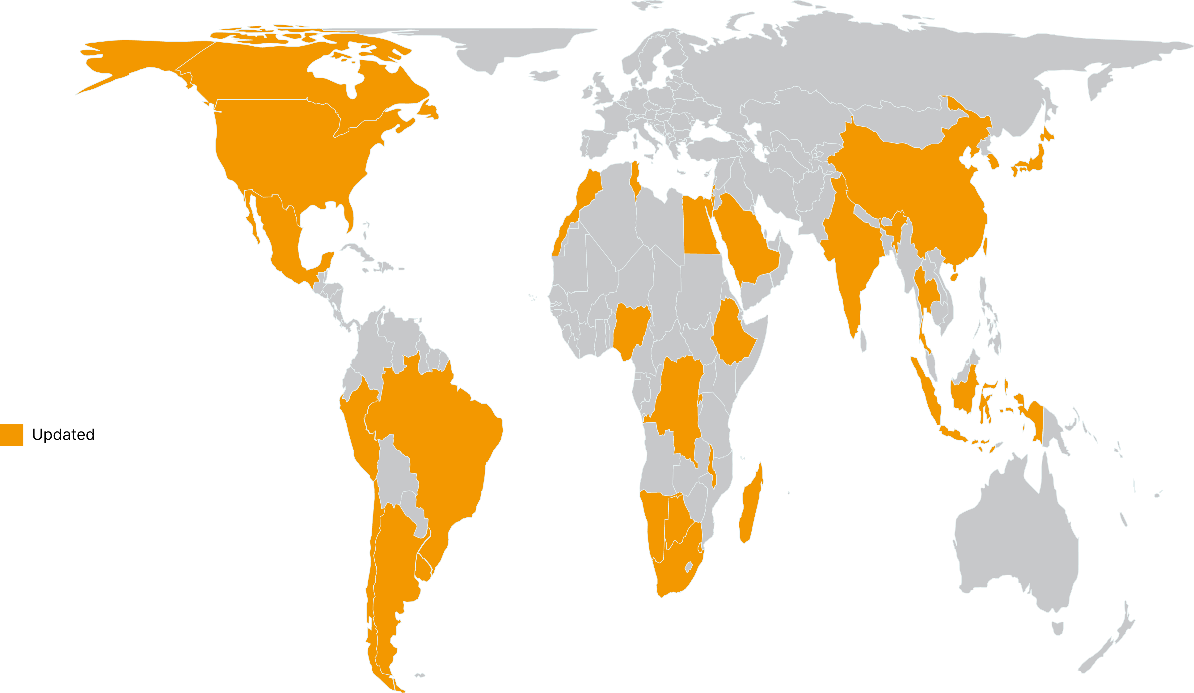 World map with countries colored orange to indicate that they were updated