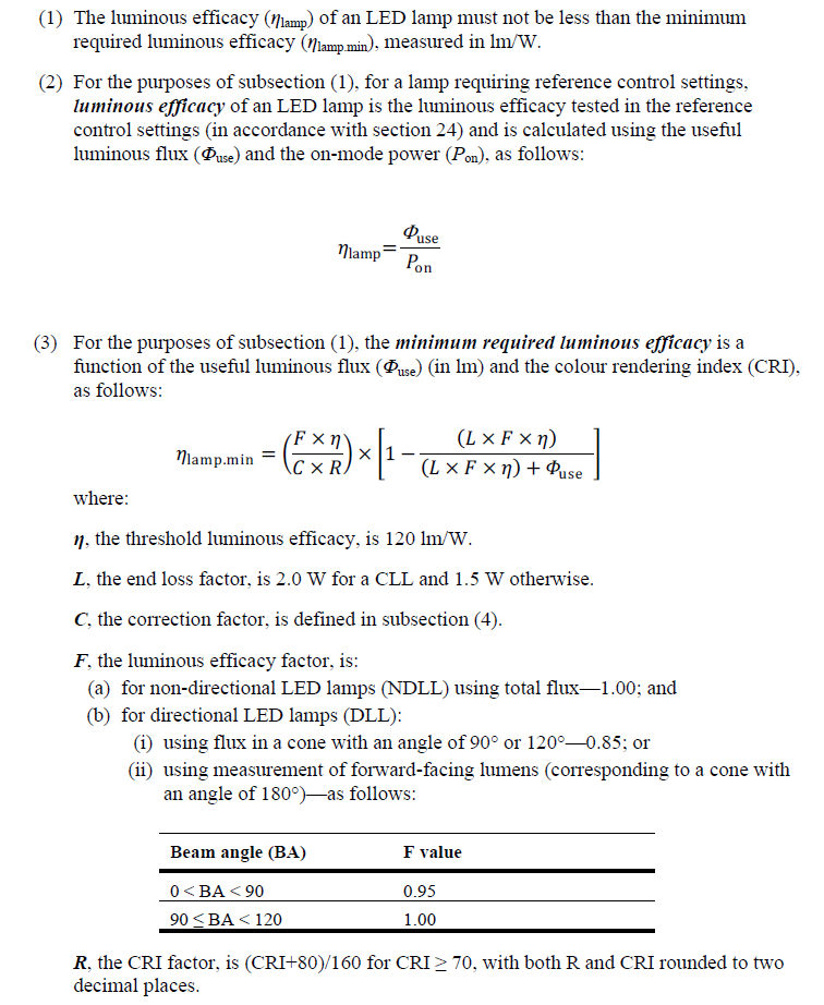 Minimum required luminous efficacy of an LED lamp